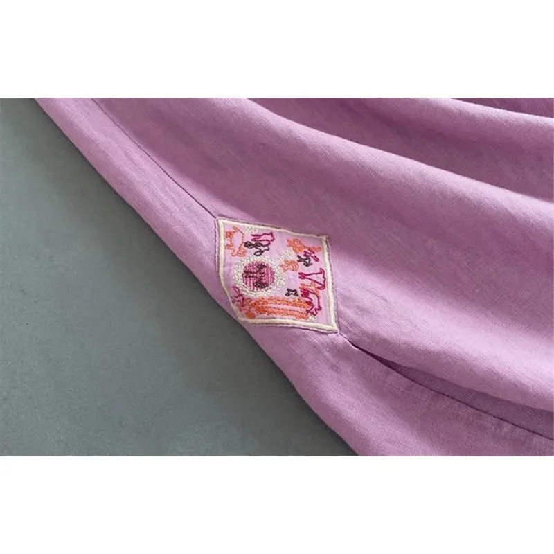 Women Ankle-length Sweatpants Summer Embroidery Cotton Linen Split Wide Leg Pants Vintage High Waist Casual Straight Pantalones