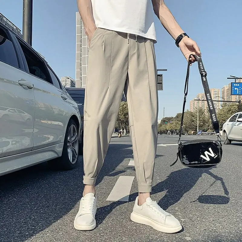 Summer Elegant Fashion Harajuku Slim Fit Ropa Hombre Loose Casual All Match Cropped Pants Solid Pockets Cotton Wide Leg Pants