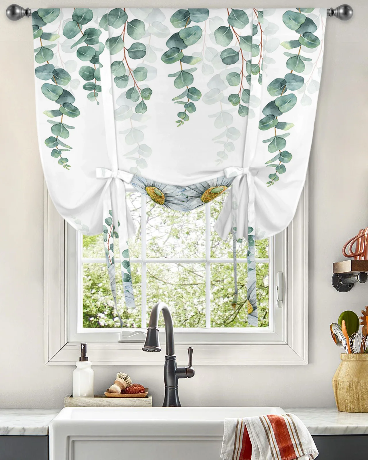 

Farmhouse Eucalyptus Leaves Daisy Window Curtain for Living Room Home Decor Blinds Drapes Kitchen Tie-up Short Curtains