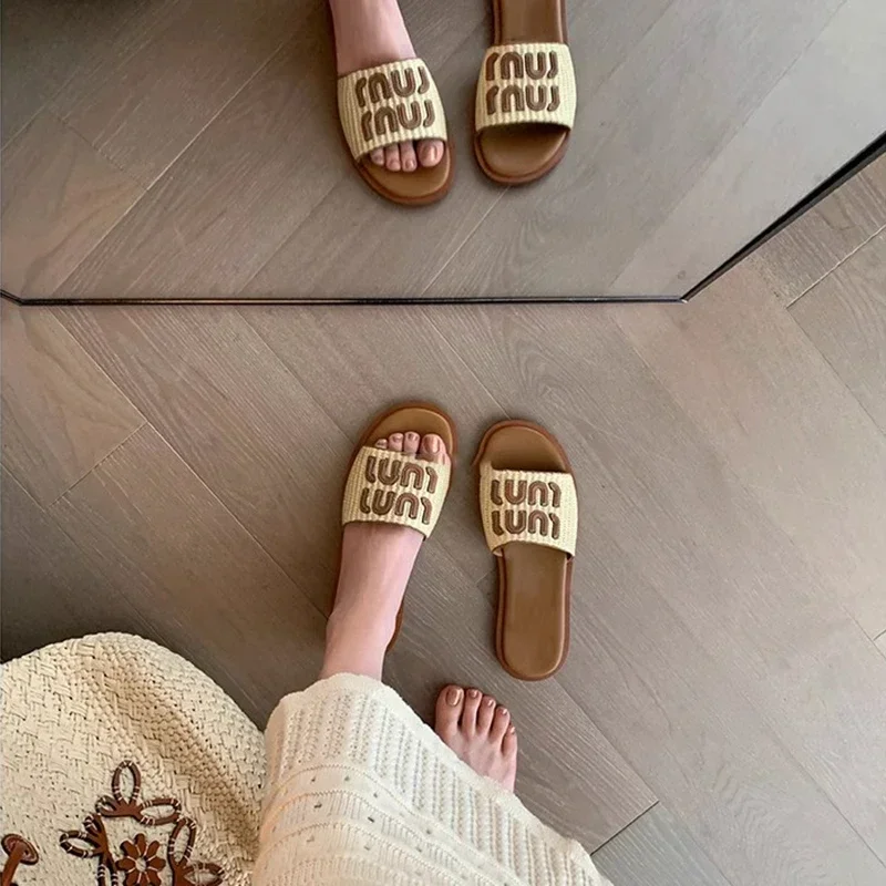 Vintage Woven Women's Sandals Fashion Letter Woven Flat Slippers Summer Vacation Beach Slides