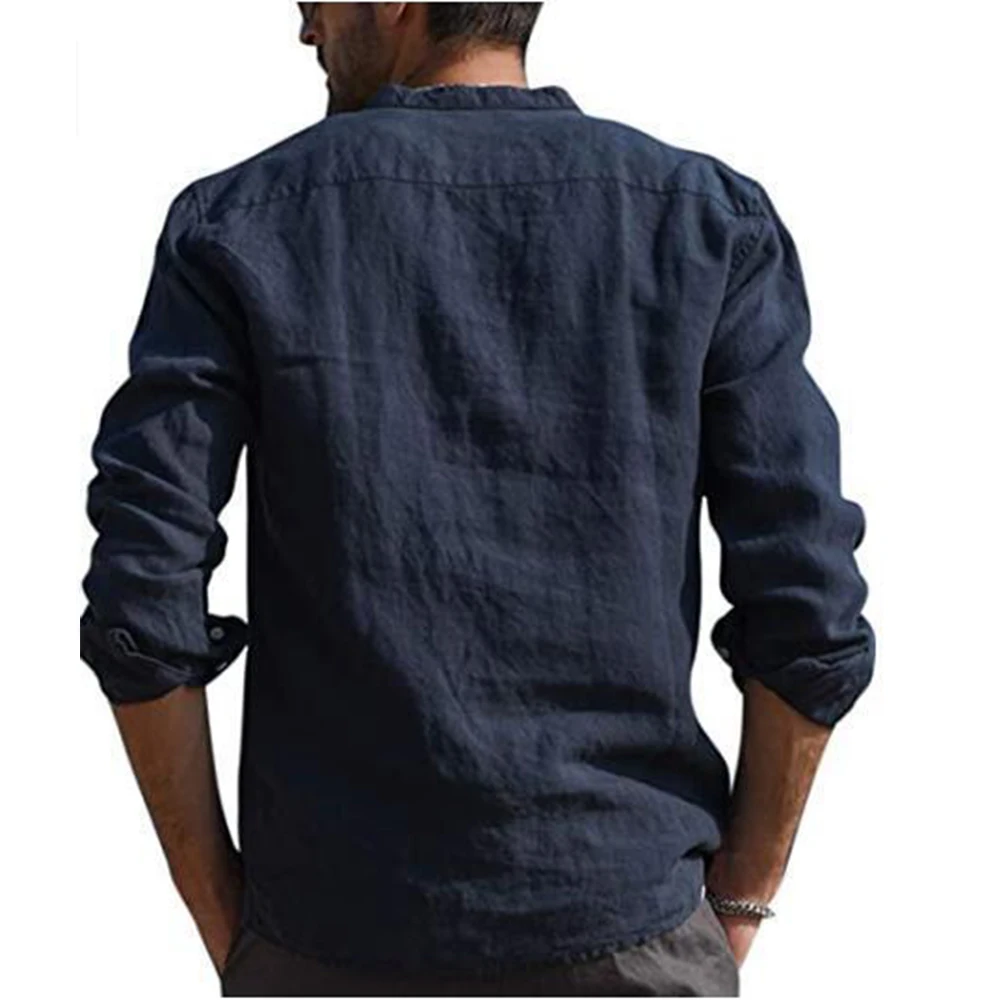 Cotton Linen Hot Sale Men's Long-Sleeved Shirts Summer Solid Color  Stand-Up Collar Casual Beach Style Plus Size 5