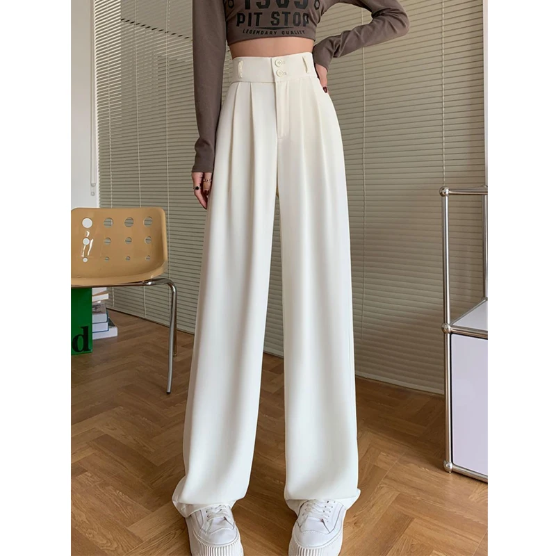 Women's Korean Fashion Pleated High Waist Streetwear Wide Leg Suit Pants Female Solid Loose Straight Trousers Elegant Pantalones