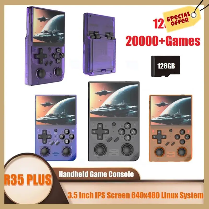 R35plus Retro Video Game Console 128G 20,000+Games 3.5In IPS Screen Handheld Game Console Linux System For GBA PSP PS1-WMAN