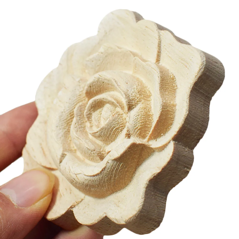 4PCS 7cm Furniture Wood Carving Appliques Vintage Decor Cabinet Door Solid Decals Flowers Pattern Carved Wooden Miniatures