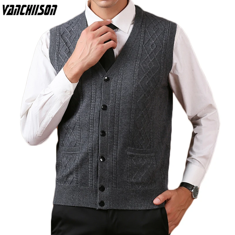 Men 14% Wool Vest Sleeveless Cardigan Knit Buttons Down Basic Sweater Thick for Autumn Winter V Neck Business Casual 00324
