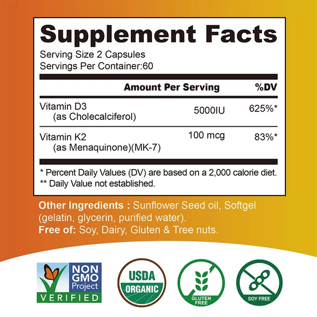 Vitamin D3 + K2 - Promotes Calcium Absorption, Bone and Joint Health, and Boosts Immunity 2