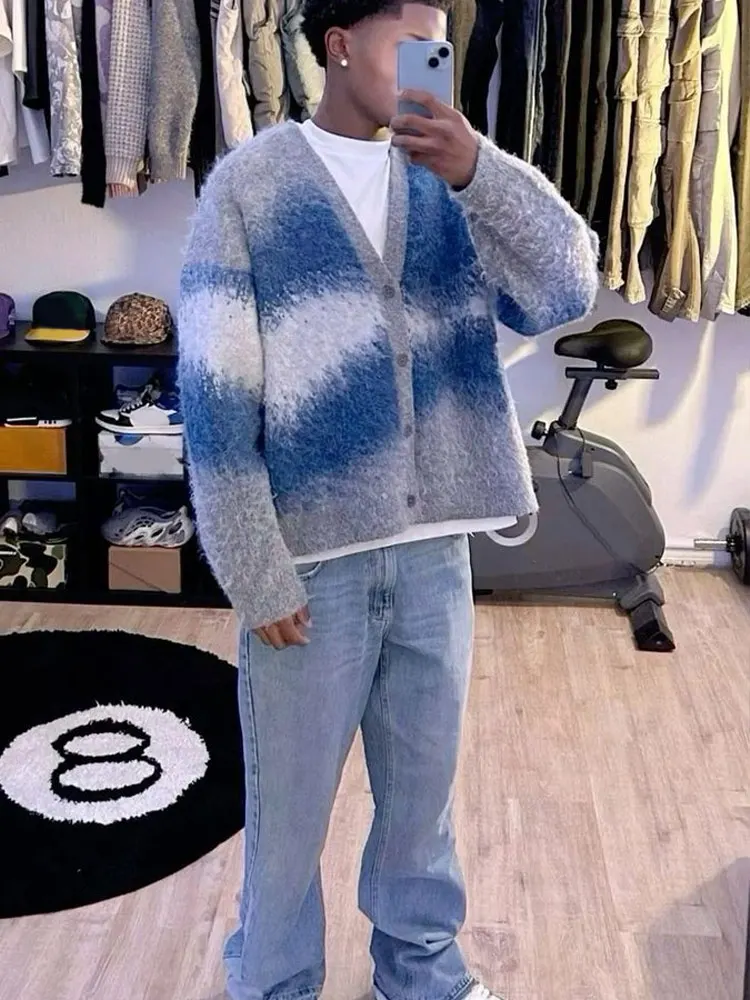 Casual Tie Dye Cashmere Sweater Cardigan Man Fashion Long Sleeve Single Breasted Knitted Jacket Autumn Warm Woolen Coat