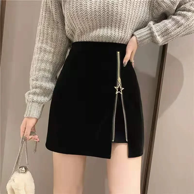 Women Autumn Winter High Waist A-Line Bodycon Elegant Skirts Korean Tweed Female Sexy Star Zipper Slim Short Skirt Office Lady