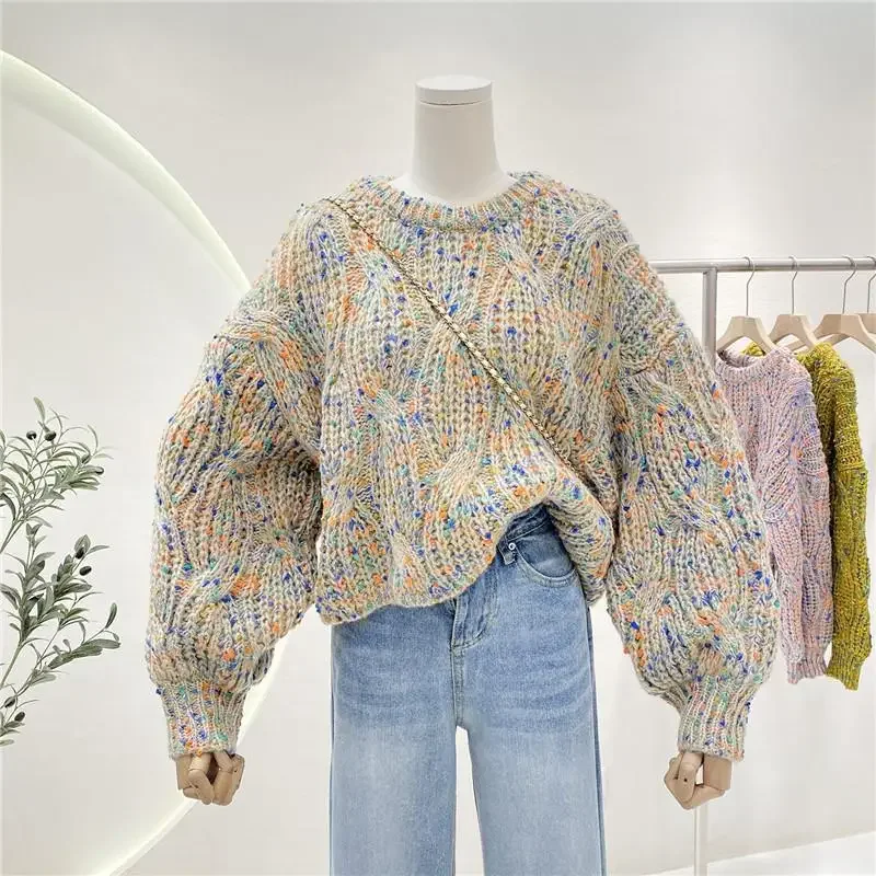 Korean Dongdaemun Colorful Lantern Sleeve Cropped Sweater