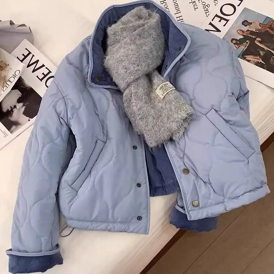 Women's Quilted Puffer Jacket with Corduroy Trim Stand Collar, Button Front, Cropped Lightweight Winter Coat
