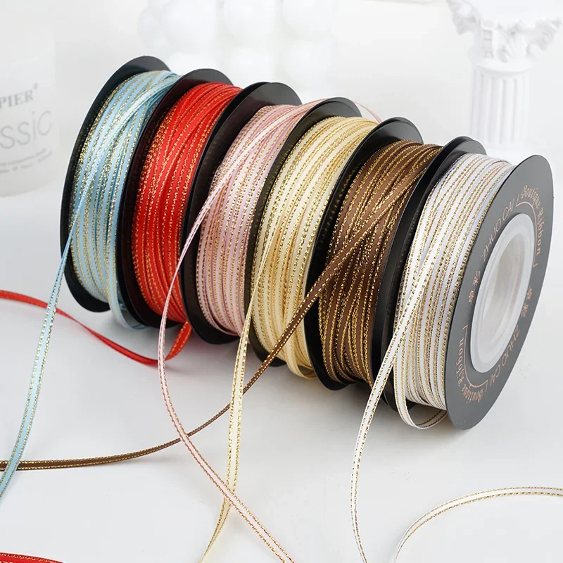 45meters/roll 3mm Satin Ribbon 100% Polyester High Quality Double Face Gold Edge Satin DIY Bows Making Festival Decoration 1/8"