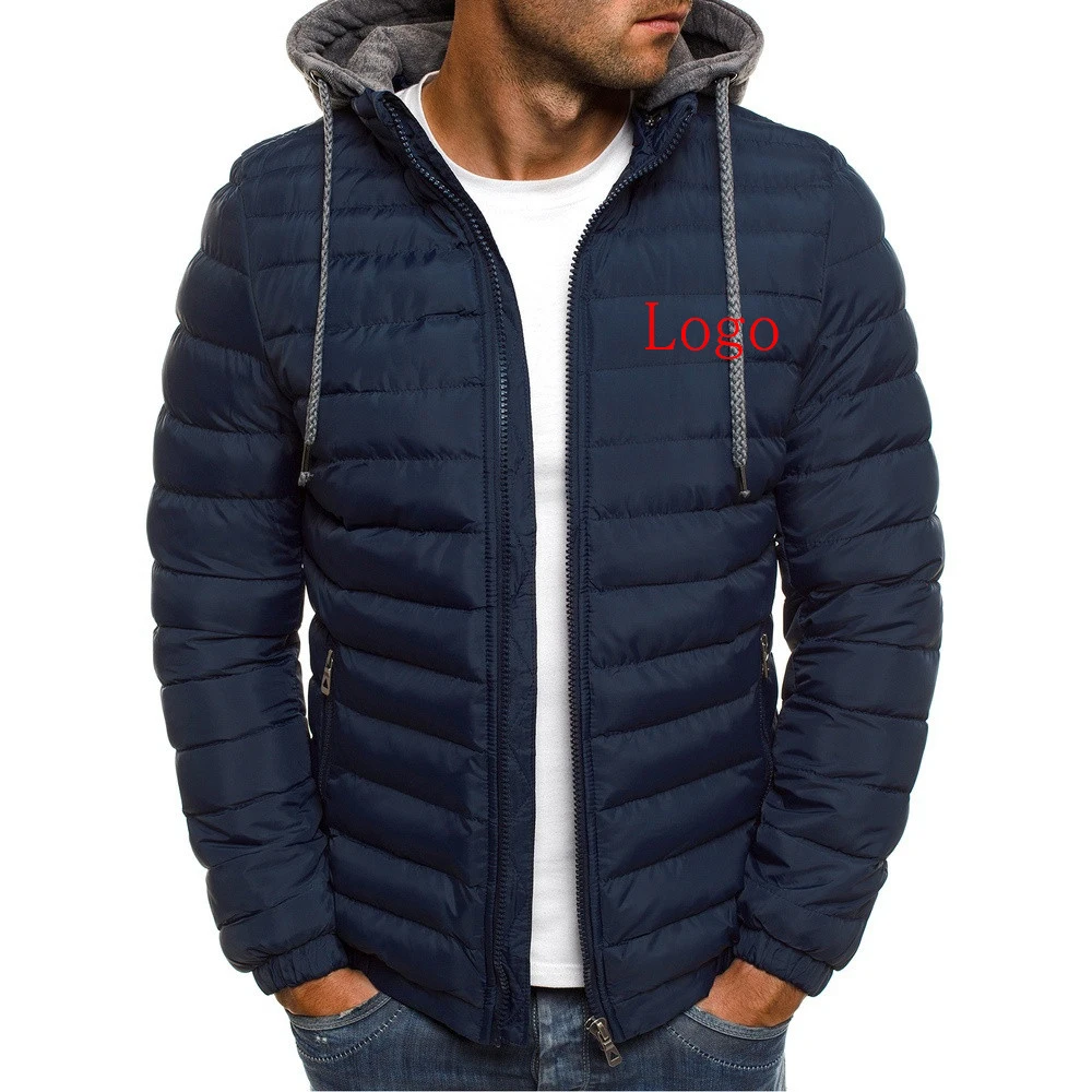 2023 autumn and winter new custom Logo printing zipper thick warm cotton fashion coat men's hat solid color cotton-padded jacket