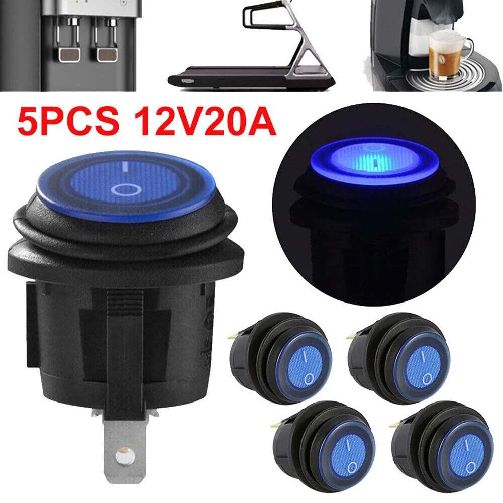 

5Pcs/Set 12V 20A Car SPST Auto Marine Round Switch Rocker Waterproof Switches LED Round Switch Interior Parts