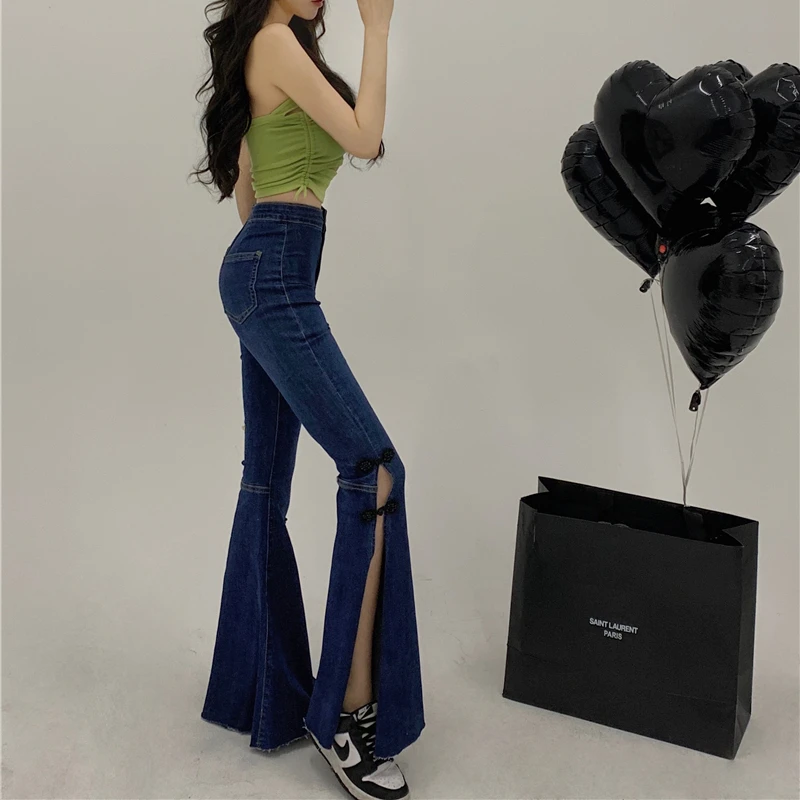

High Waisted Flare Jeans Teenage Fashion Trends Skinny Streetwear Womens Slim Fit Denim Bootcut Pants Side Split Design Trousers