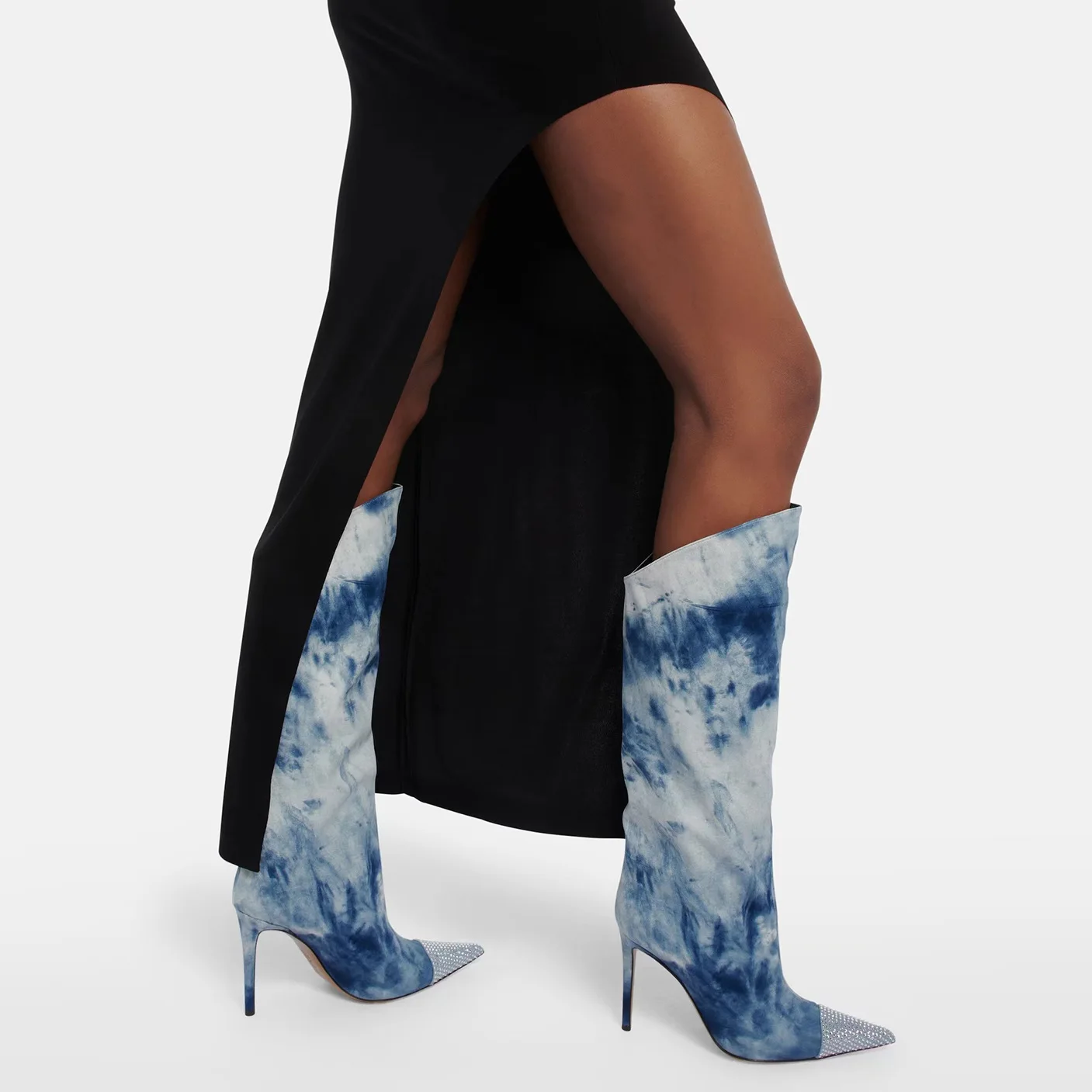 

Denim Pointed Toe Crystals Stiletto Knee Thigh High Heels Dupe Luxury Raquel Boots Sky Blue White Tie-dyed Pattern Free Shipping