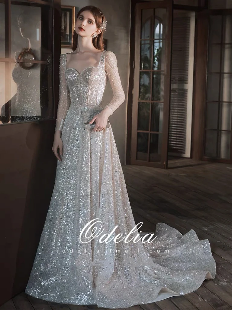 

Роскошные вечерние платья с квадратным вырезом, трапециевидные блестящие платья принцессы с бисером, длинным рукавом, на молнии, платье на выпускной со шлейфом, женское платье, 2024