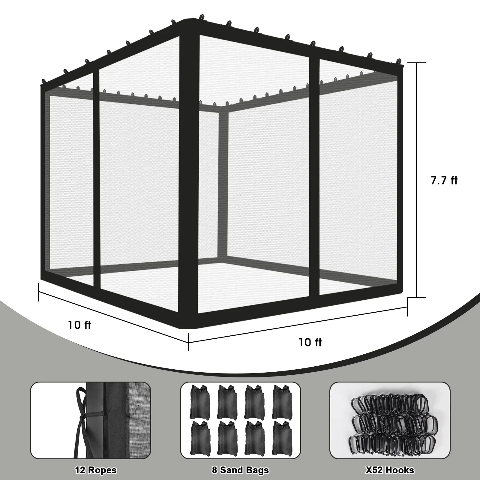 Universelles 10 x 10 Fuß großes Pavillon-Ersatz-Moskitonetz mit Sandsäcken, 4-teilige Netzwände mit Doppelreißverschlüssen für den Terrassengarten – Detail 1