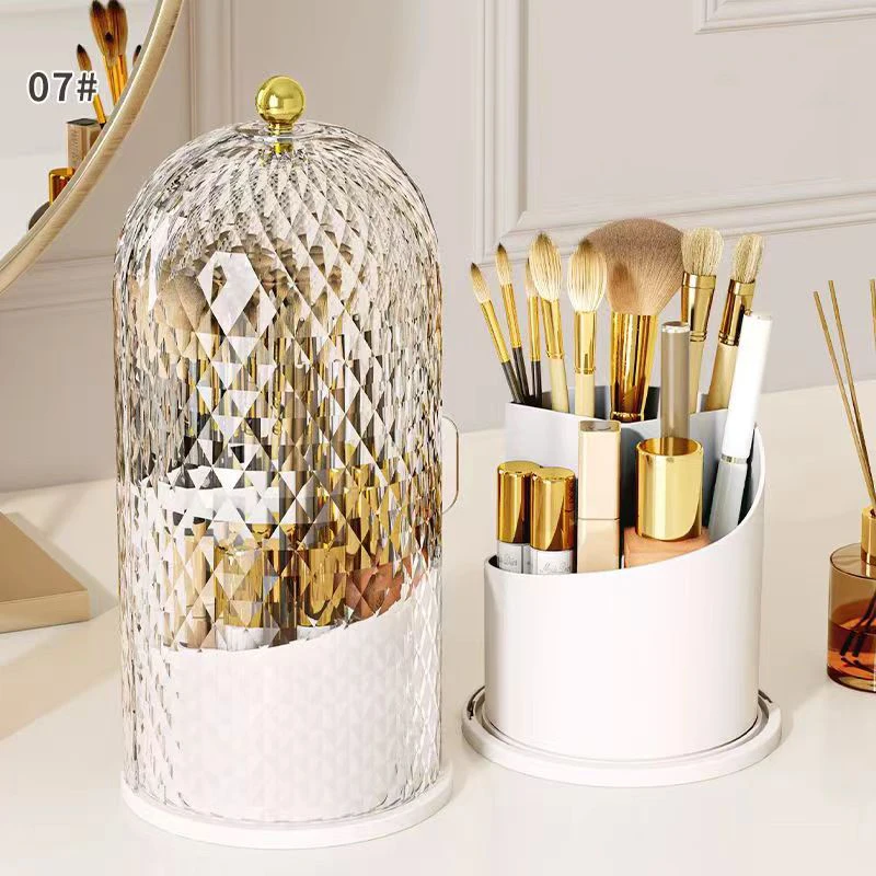 Makeup Brush Holder with Lid Diamond Birdcage 360° Rotating Makeup Organizer Dustproof Cosmetics Storage Box Lipstick Container 3