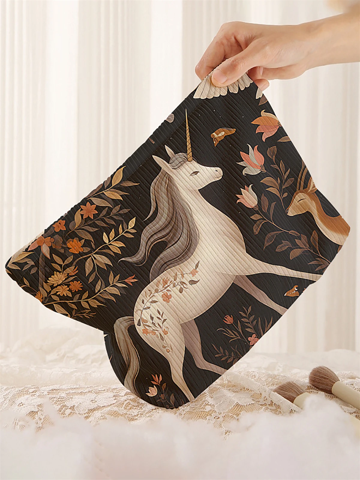 1 unicorn patterned corduroy makeup bag, lightweight zipper makeup storage box, multifunctional bag with lining