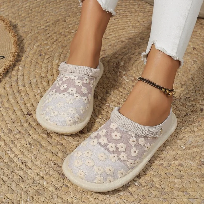 

Women's Flower Pattern Flat Slides Mesh Closed Toe Slip On Mules Sandals Casual Breathable Outdoor Slides Fashion Slippers