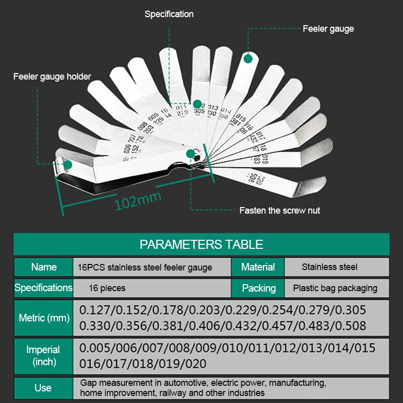 Feeler gauge Metric 0.127-0.508mm feeler thickness gauge 16 blades 0.005-0.020 Inch gap filler gauge measurement engine valve adjustment