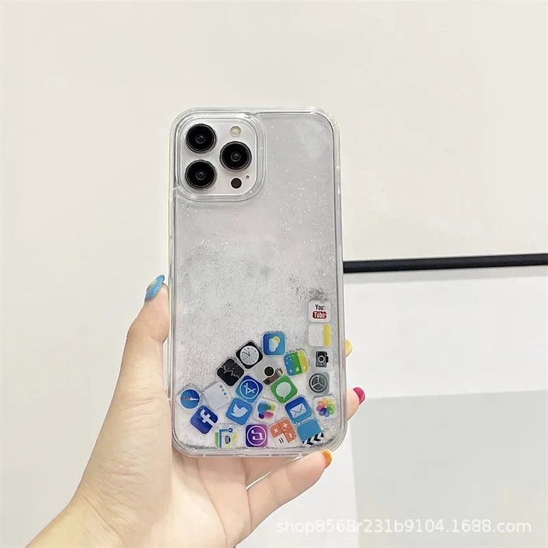 Custodia Glitter Quicksand 15 Per Iphone 14 13 12 Pro Max Cover Per Telefono Icone App Creative Shell Moving Sand Dynamic Liquid Coque Capa