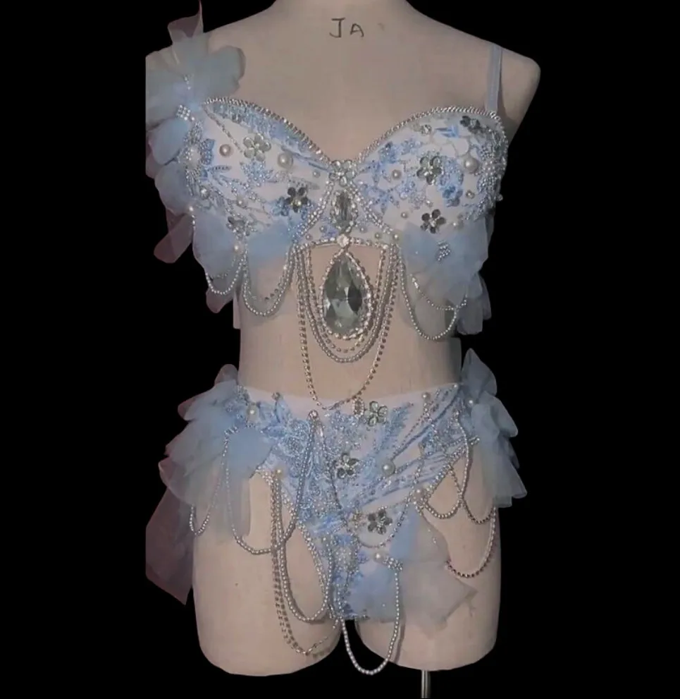 

Блестящее женское бикини с цепочками, сексуальный сценический костюм для выступлений, ночных клубов, баров, одежда для музыкального фестиваля, танцевальный костюм DJ Gogo