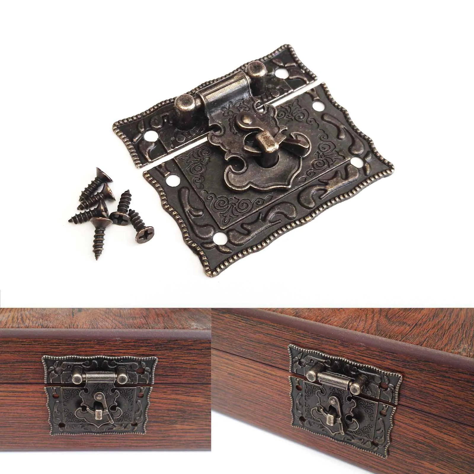 2pcs Retro Vintage Antique Brass Bronze Decorative Jewelry Chest Wine Box Wooden Gift Case Toggle Hasp Latch Catch Clasp + screw