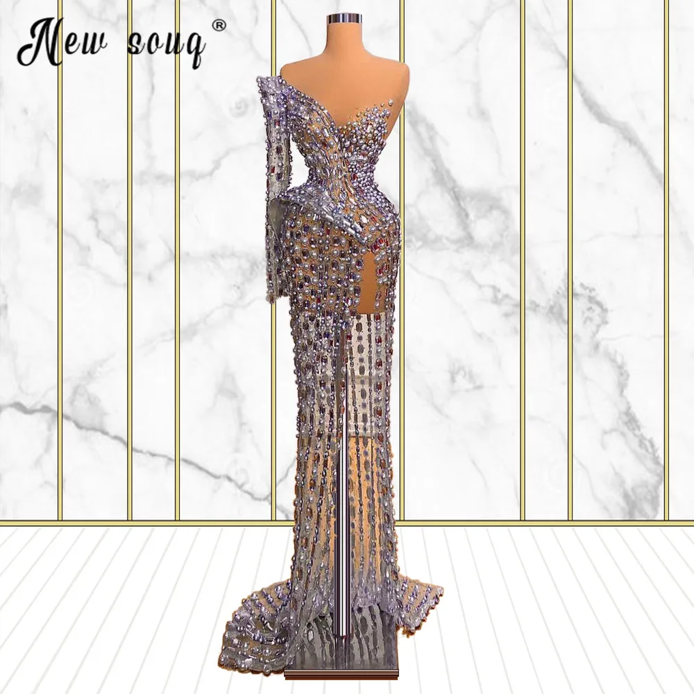 

Light Purple Sparkly Rhinestone Evening Dress Luxury Heavy Beaded Side Slit Prom Party Gowns Custom Made Dubai Vestidos De Noch