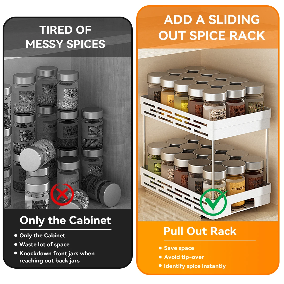 WORTHBUY 2 Tier Pull Out Plastic Storage Rack Large Capacity Kitchen Cabinet Storage Organizer Drawer Spice Jar Storage Shelves 4