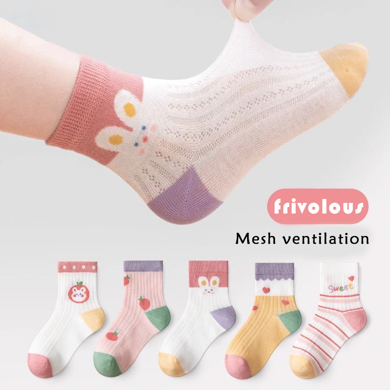 5Pairs Ultra Thin Breathable Mesh Socks Cartoon Children's Fashion Cute Socks Stokings For Girl Boutique Kids Clothing 1-16Years