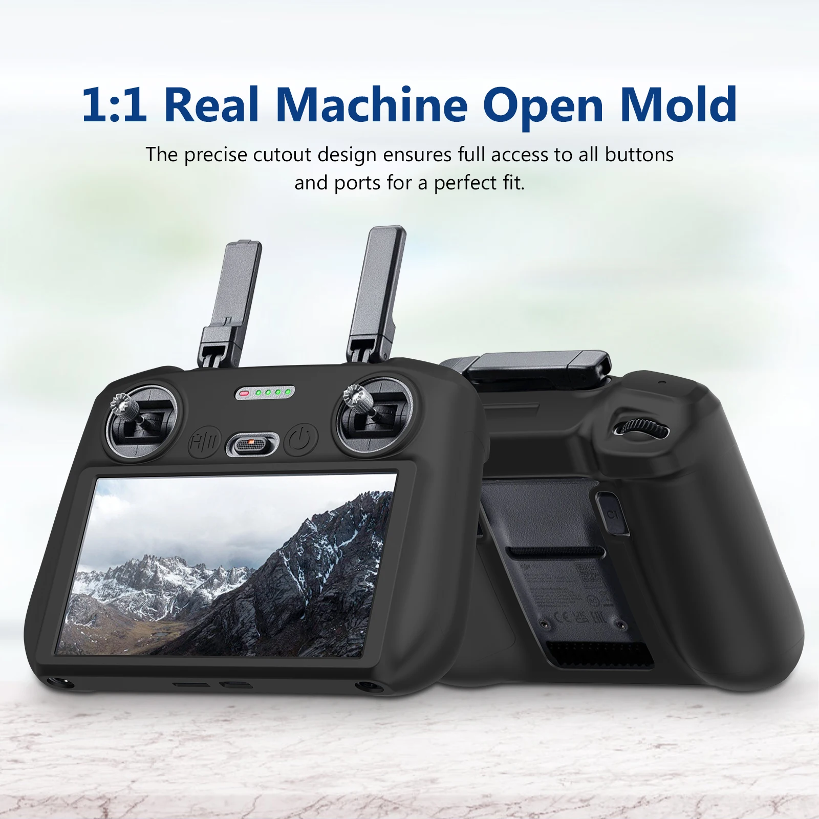 Coque silicone pour télécommande DJI RC 2 installée, avec texture antidérapante et accès facile aux commandes.