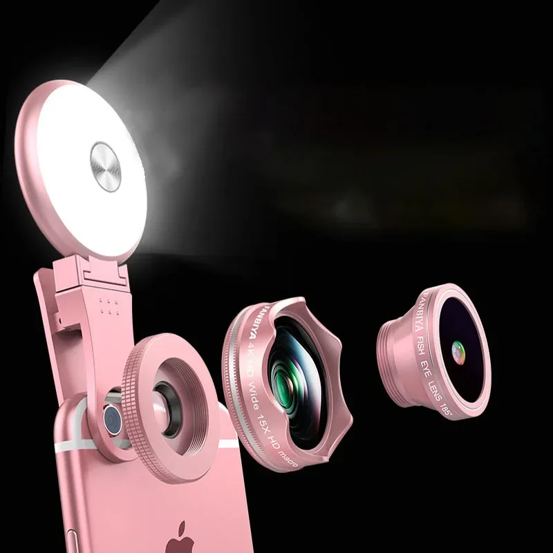 

4 in 1 Phone Camera HD 150° Super Wide Angle Professional Lens With Fill Light 15x Macro Camera Photo For All Smartphones