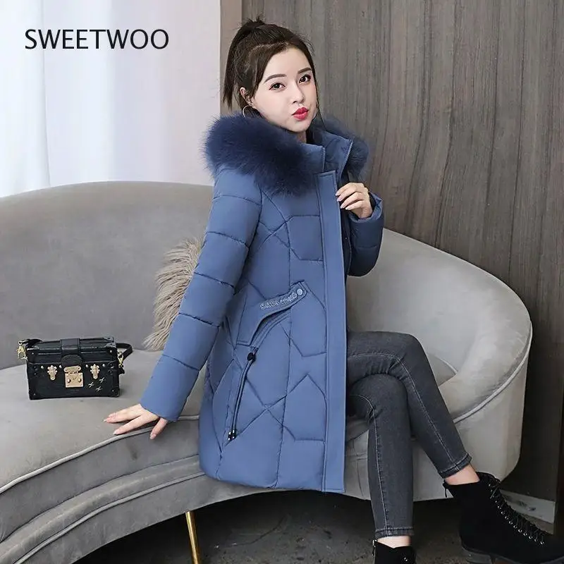 2020 New Winter Jacket Women Coat Fur Collar Hooded Thick Parkas Warm Cotton Padded Jacket Female Long Parka Outwear
