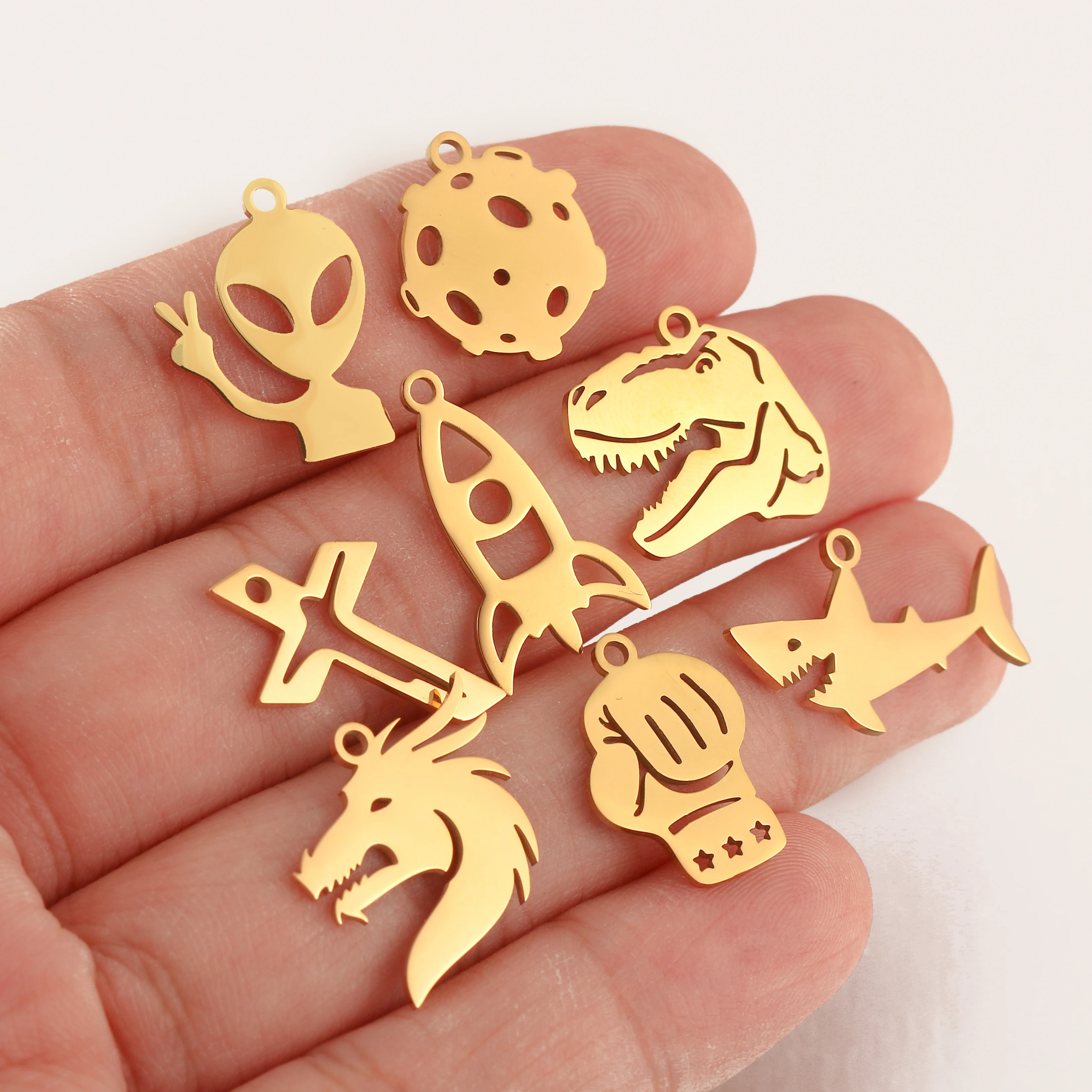 5 Stück Zauberwürfel/Kreuz/Raumrakete/Boxhandschuh Charms Edelstahl Dinosaurier Punk Anhänger Handwerk DIY Halskette Schmuckherstellung – Detail 5