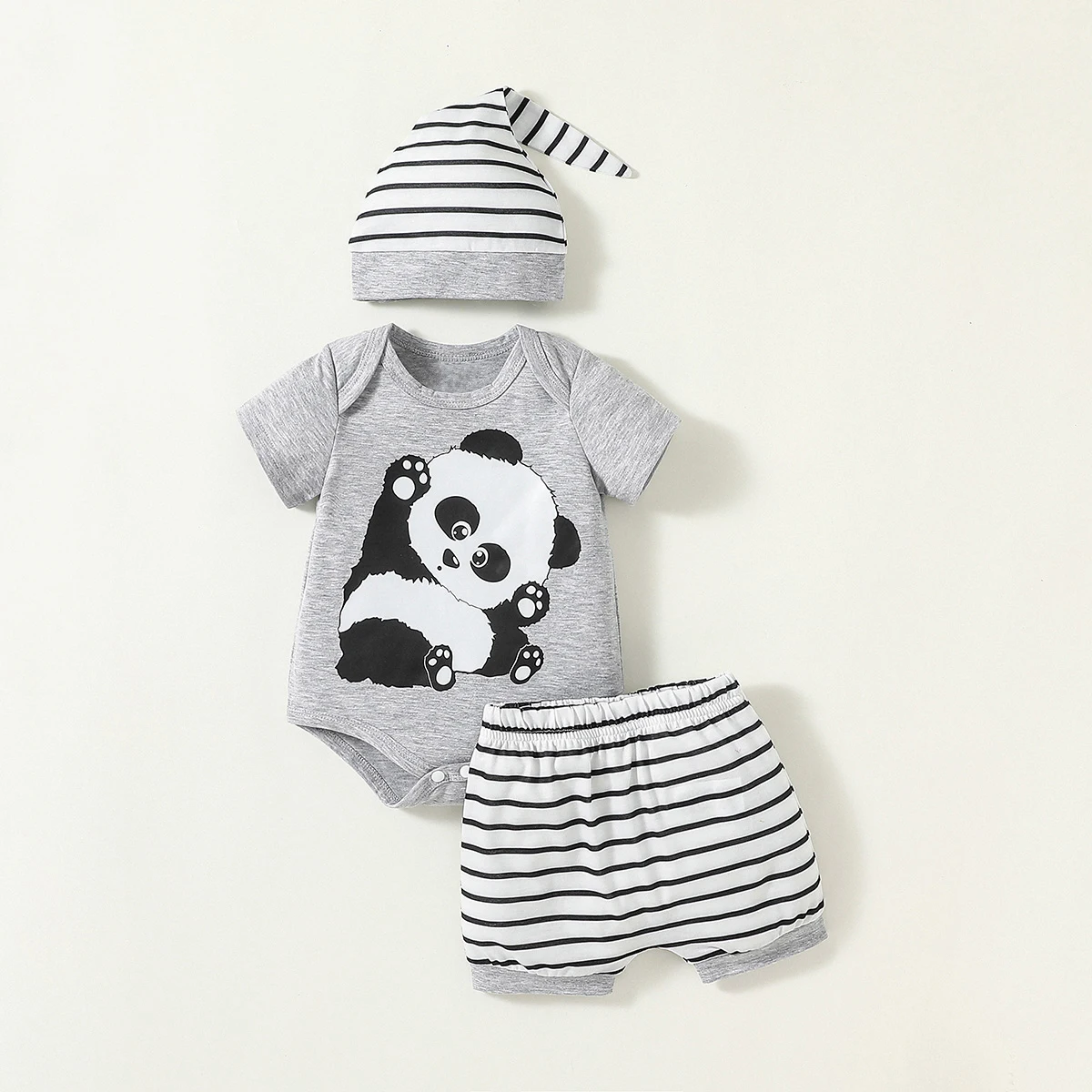 3Pcs Baby Boys Short Sleeve Cartton Panda Pansuit For Spring/Summer Casual Cute Sets+Hat