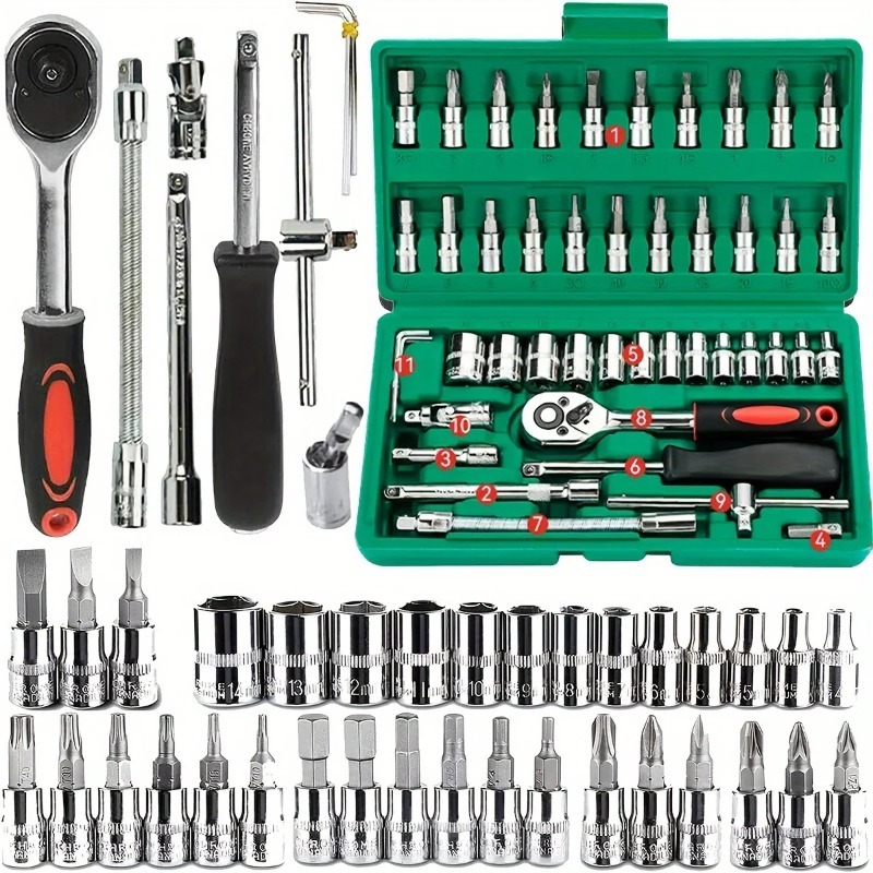 New 46 Piece Drive Socket Wrench Set Car Repair Tool 1/4 Inch Ratchet Wrench Set Socket Metric Hexagonal Socket Set