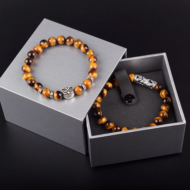 Natural Lava Tiger Eye Weathered Stone Bracelets Bangles Owl Rosary Beaded Charm Emo Couple Bracelet for Women Men Jewelry Sets