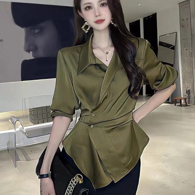 New Spring and Summer Style Versatile Long Sleeve Korean Style Fashionable Irregular Design Waist-hugging Shirt Top for Women