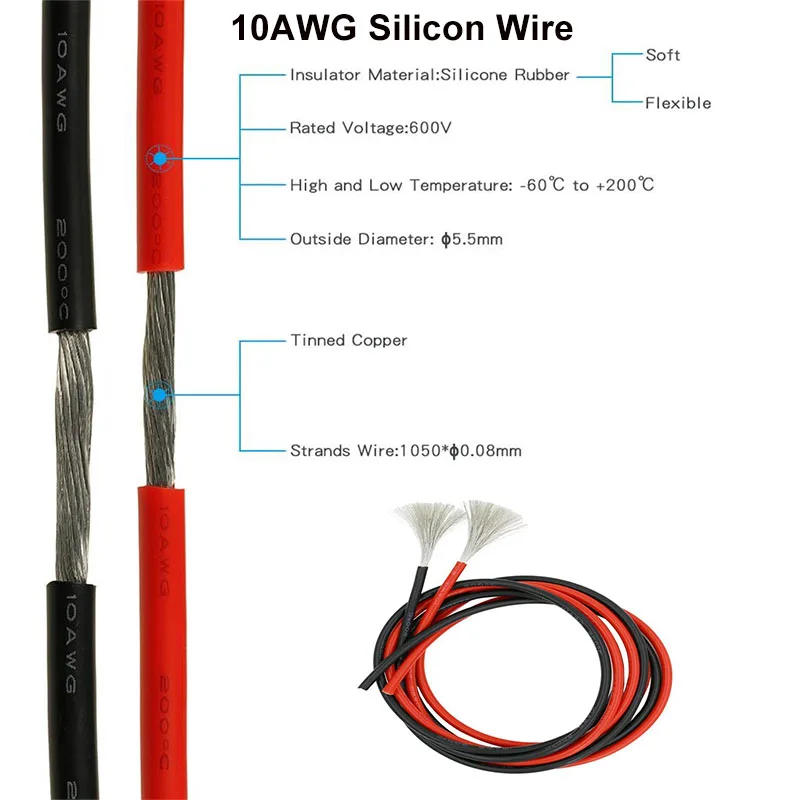 Câble de batterie RC XT90H-F 12 AWG déroulé, mesurant 5 mètres