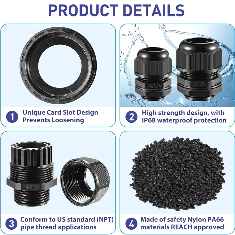 IP68 Waterproof Nylon Cable Gland Adjustable Nylon Plastic Strain Relief Cord Connectors 1/4&rdquo; 3/8&rdquo; 1/2&rdquo; 3/4&rdquo; Cord Management