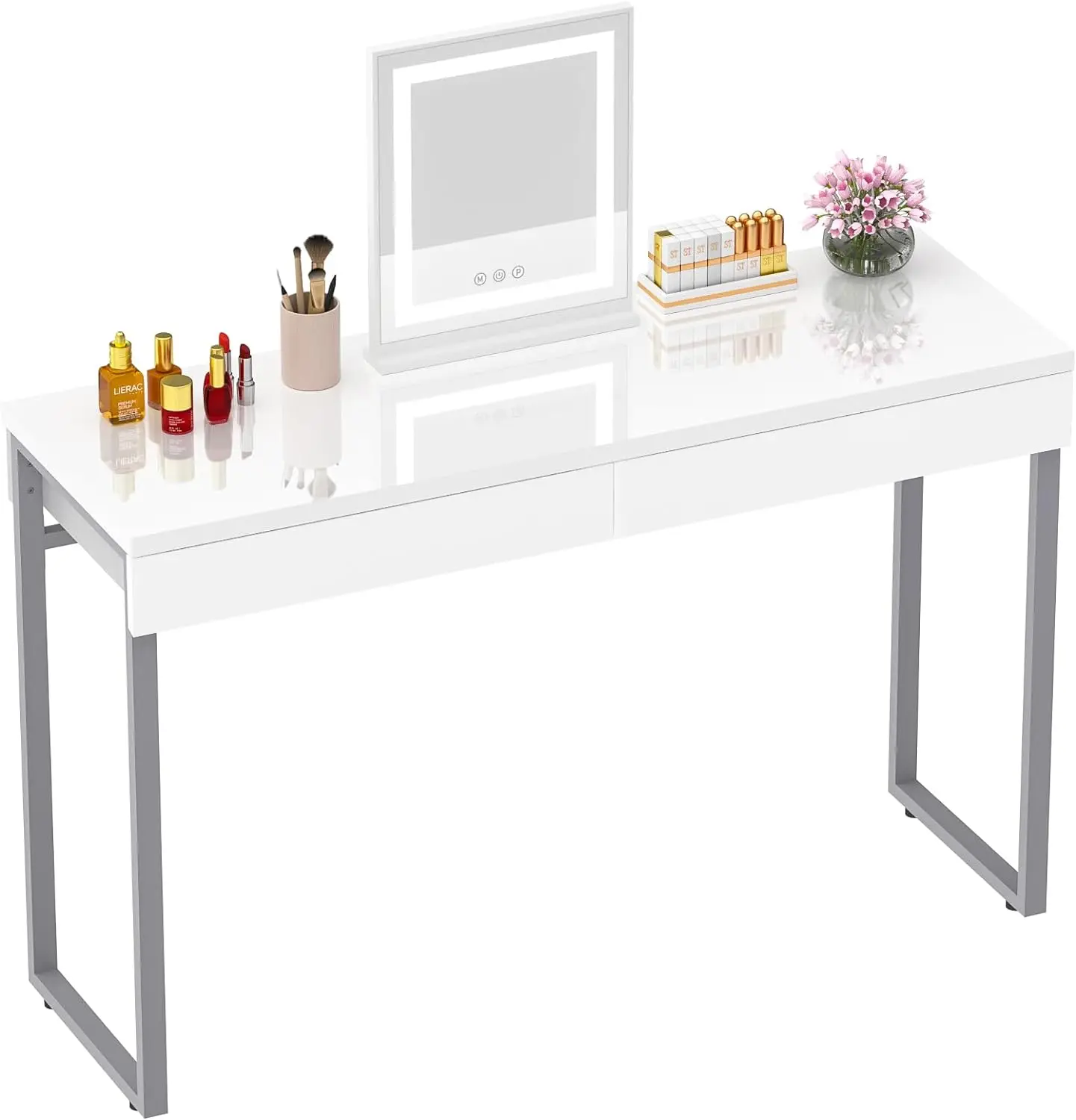 

Vanity Desk with 2 Drawers Glossy White 47 inch Modern Home Office Computer Writing Desk Makeup Dressing Table