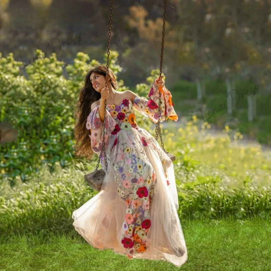 

Lena-Princess lace embroidered dance dress with flared sleeves, A-shaped sweet 3D flower embroidered vest De Noche