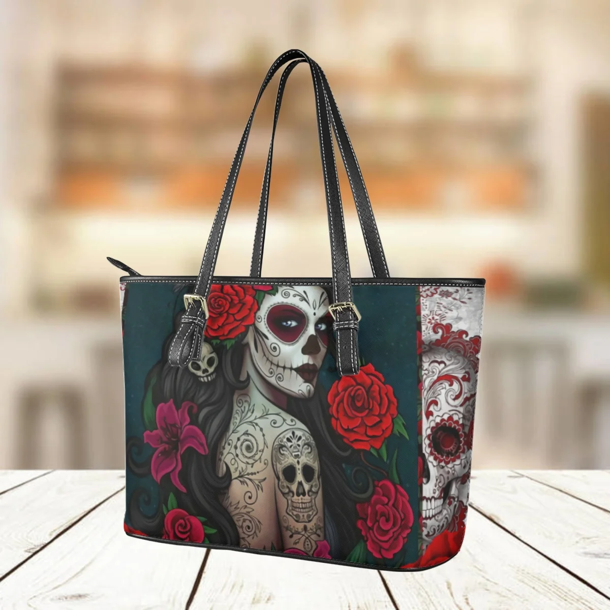 Tote Bag Grigia Sugar Skull Giorno Dei Morti - Borse A Tracolla Con Tasca Nascosta