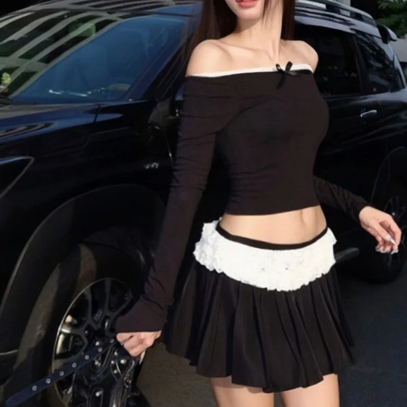 y2k Skirt Women Fairycore Clothes Lace Patchwork Low Waist Pleated Mini Skirts 2000s Evening Party Skirts Streetwear