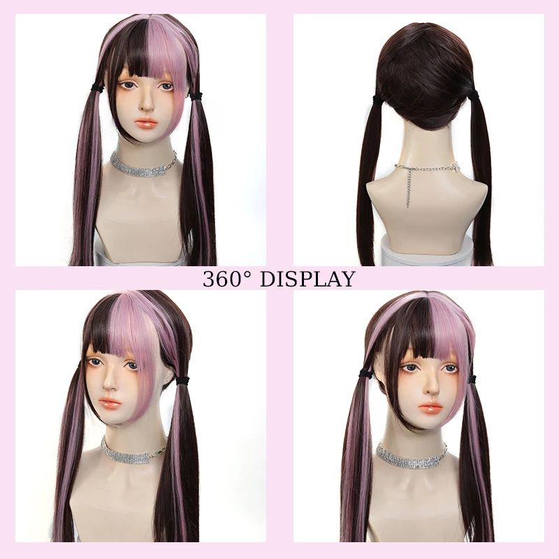 Synthetic Cosplay Wig Pink Highlighted Wig Long Straight Hair with Bangs Heat - Resistant for Women Cosplay & Daily Wear