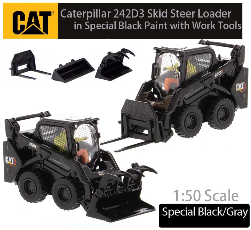 DM 1/50 Caterpillar 242D3 Skid Steer Loader in Special Black Paint with Work Tools By Diecast Masters For Collection 85676BK