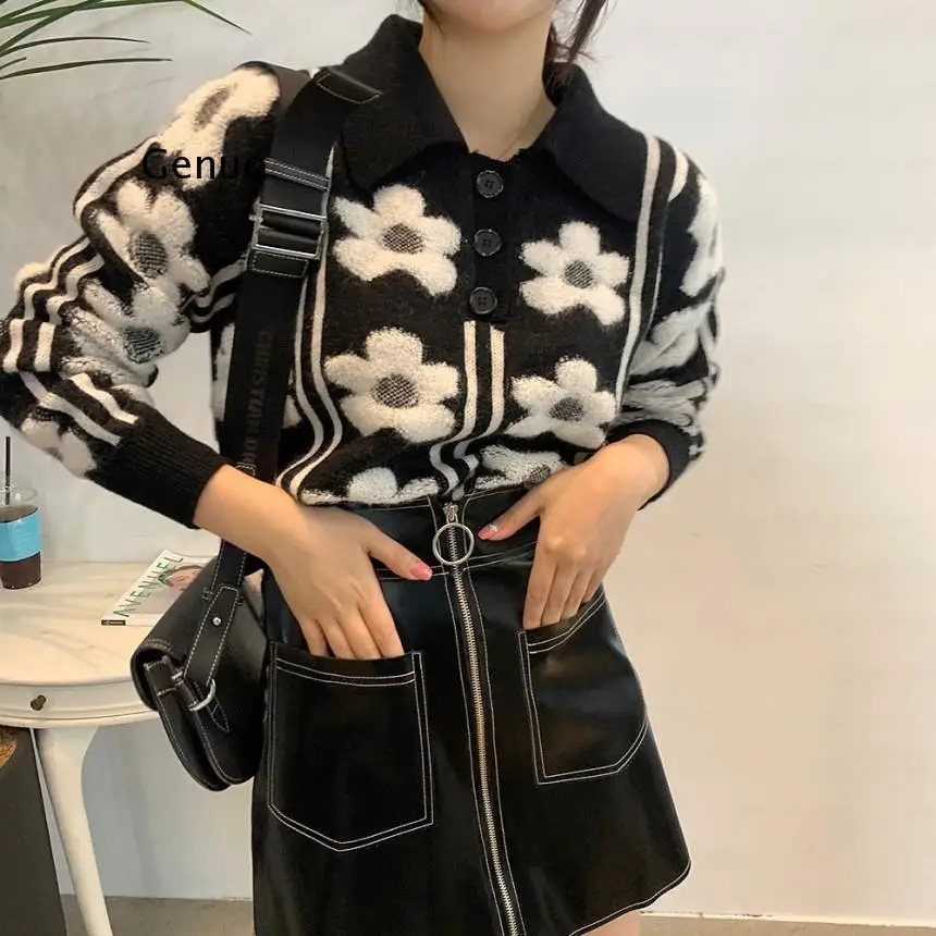 

Stereoscopic Flower Knitted Sweater Pullover Women 2022 Autumn Korean Ladies Fashion Top Turn-down Collar Buttons Sweaters Tops