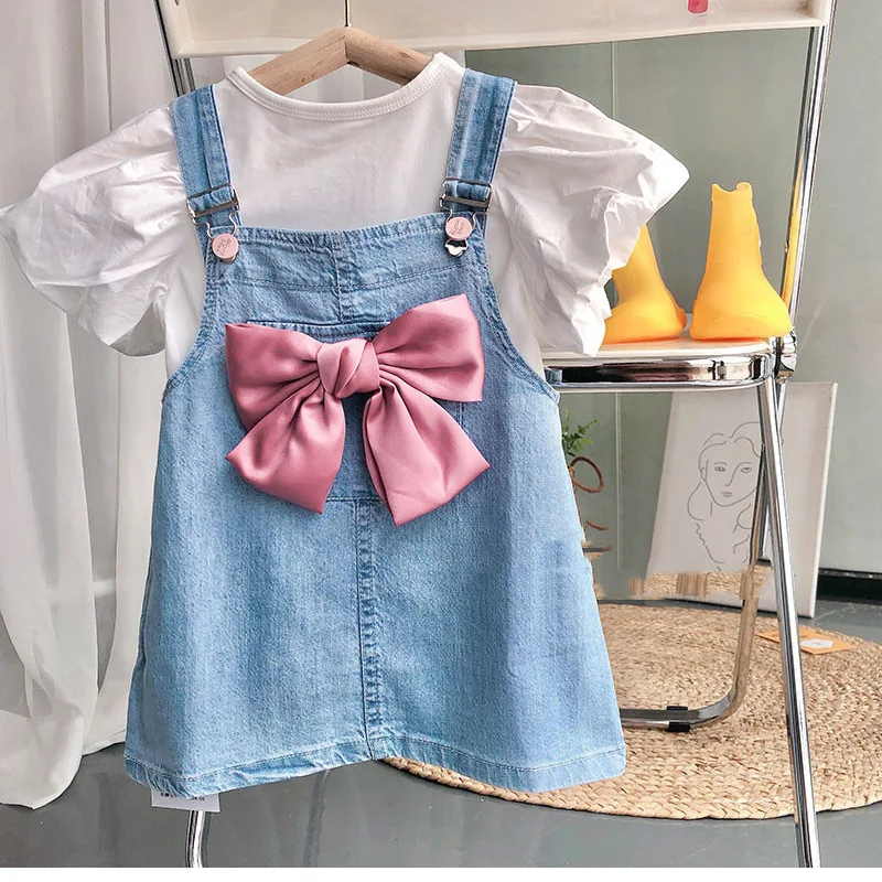 

Children's Clothing Summer New Girls' Big Bow Suspender Skirt Puff Sleeve Top Two-Piece SetWS