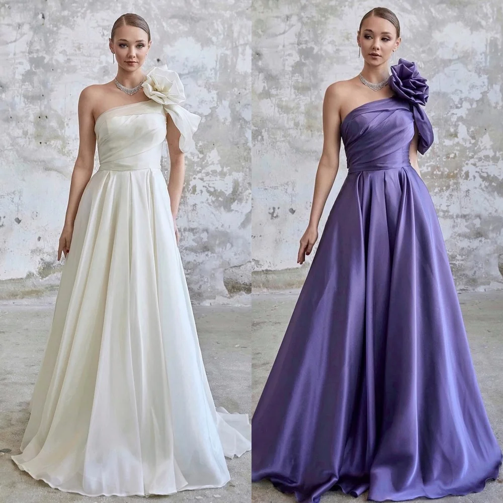 

Evening Prom Dress Saudi Arabia Jersey Flower Ruched Celebrity A-line One-shoulder Bespoke Occasion Gown Long Dresses